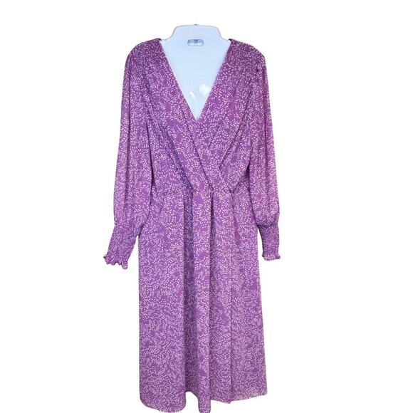 Halogen Purple Floral Chiffon Long Sleeve Midi Dress Women's Sz L - Picture 1 of 11
